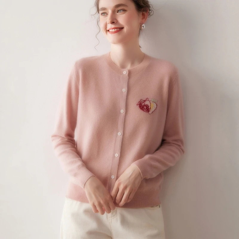 100山羊绒草莓提花纯色针织常规袖羊绒衫女常规圆领开衫外套