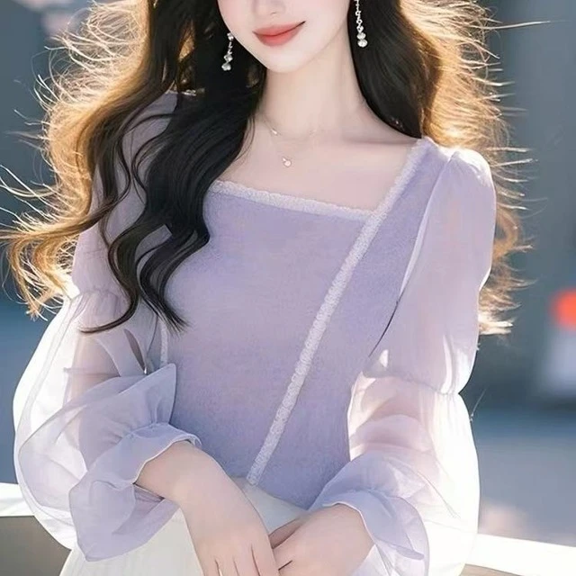 紫色高级感方领设计感长袖衬衫女春季国风好看漂亮独特新中式上衣