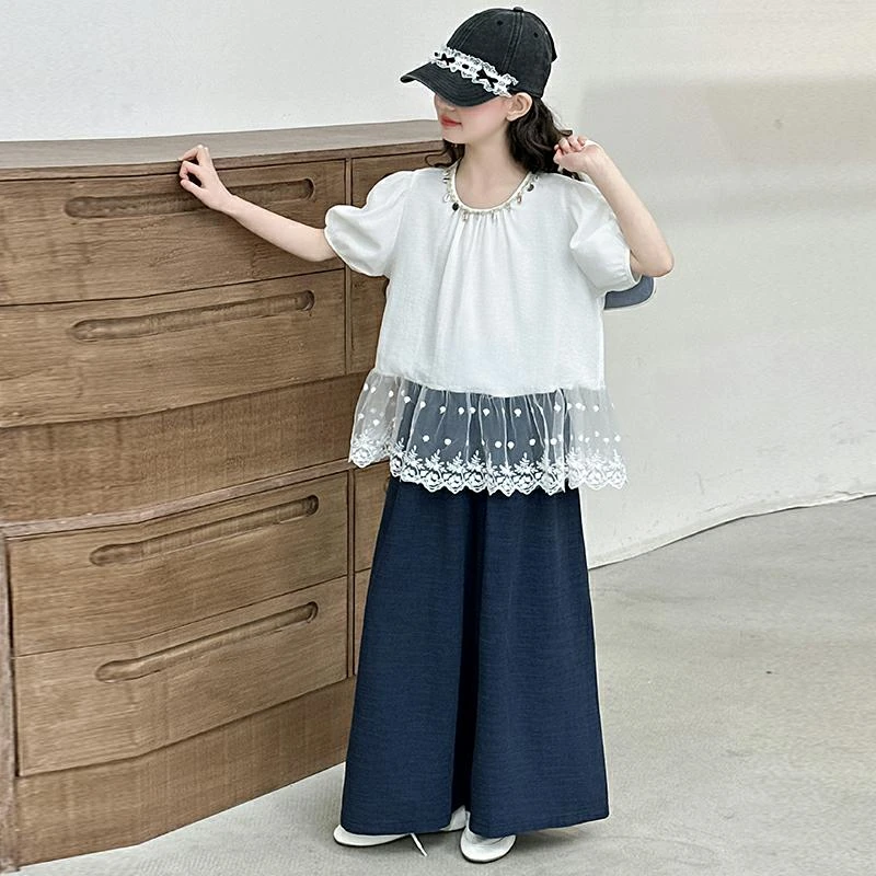 中大童女童套装2025夏季韩版蕾丝边上衣阔腿裤子波西米亚风7826款