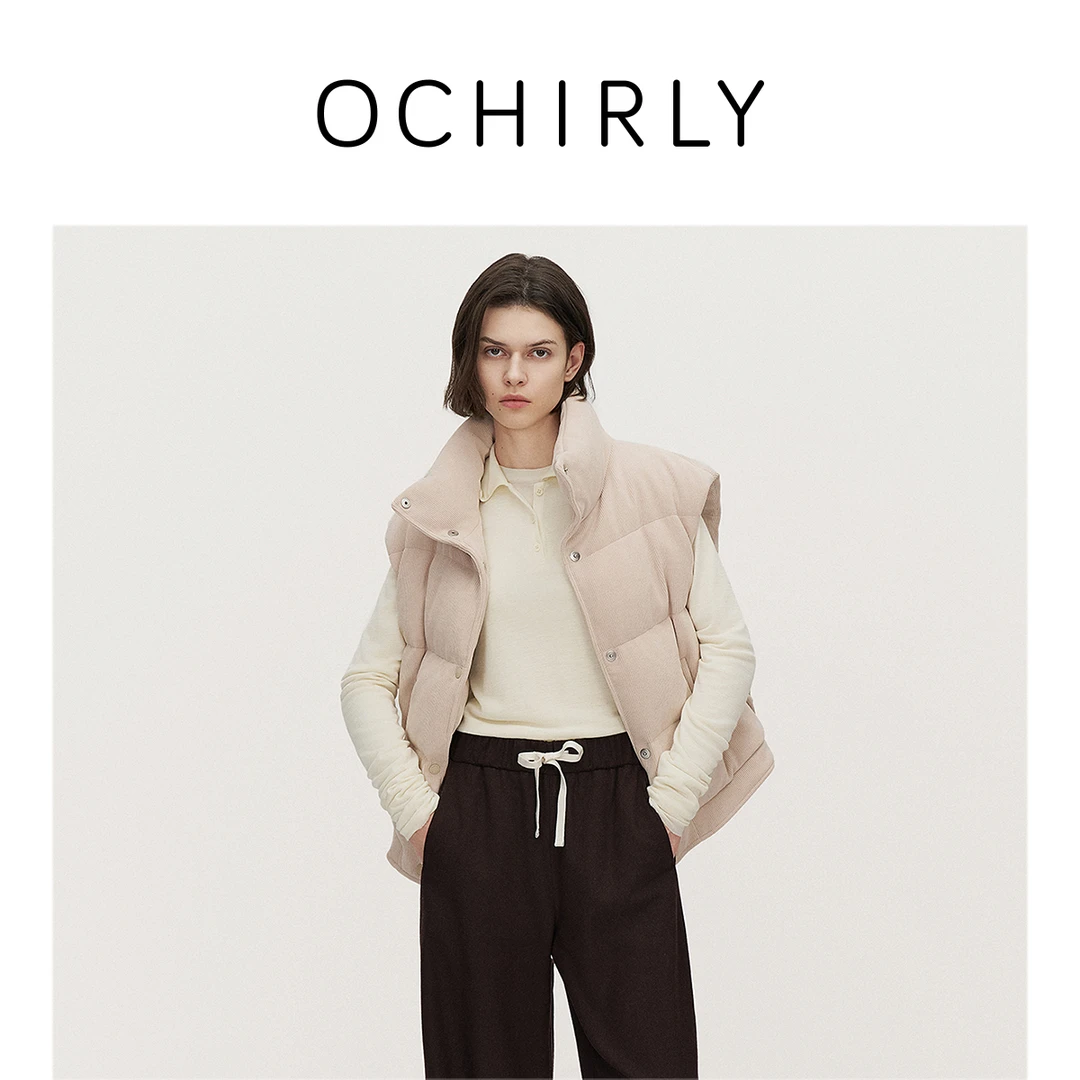 OCHIRLY欧时力 弹力灯芯绒羽绒马甲外套女立领肌理感2024秋冬新品