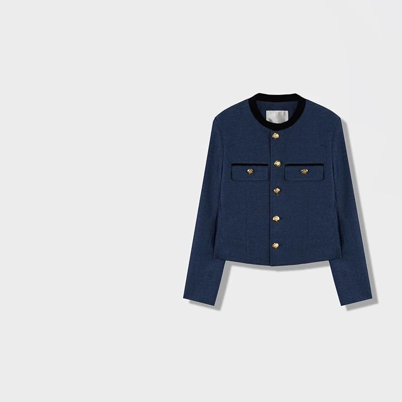 12258(蓝色恋人)2024复古拼色修身长袖外套女A2