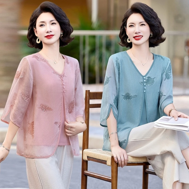 母亲节妈妈夏装中袖套头雪纺提花设计感显瘦假两件新款