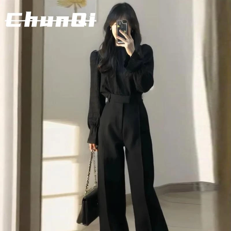 淳启春秋穿搭套装女新款酷飒拽姐黑色衬衫西装裤今年流行两件套潮