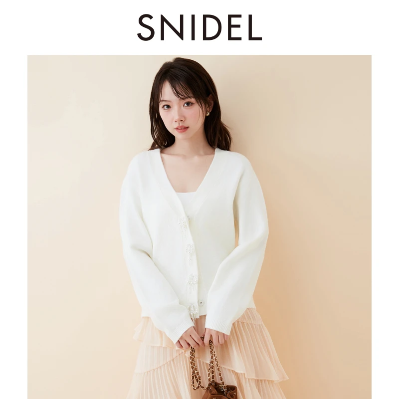 SNIDEL2025春夏新品V领蝴蝶结仿珍珠扣针织开衫外套SWNT251114