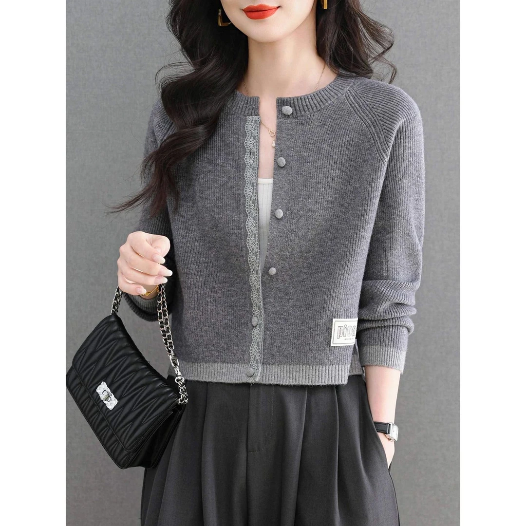 俞兆林早秋女士短款外套薄款针织开衫2025新款圆领蕾丝花边毛衣外