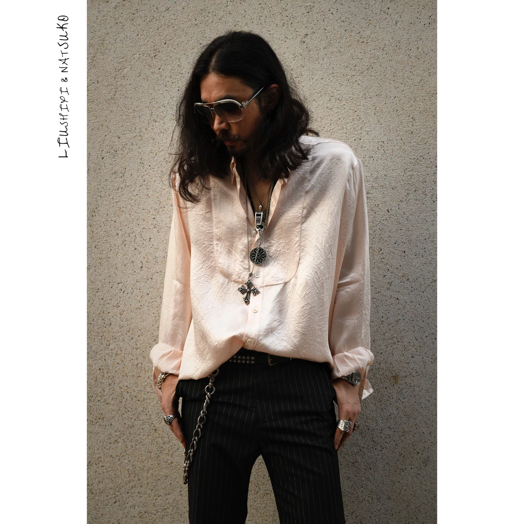 醋酸夏季复古长袖衬衫气质上衣薄款时尚宽松衬衣设计感