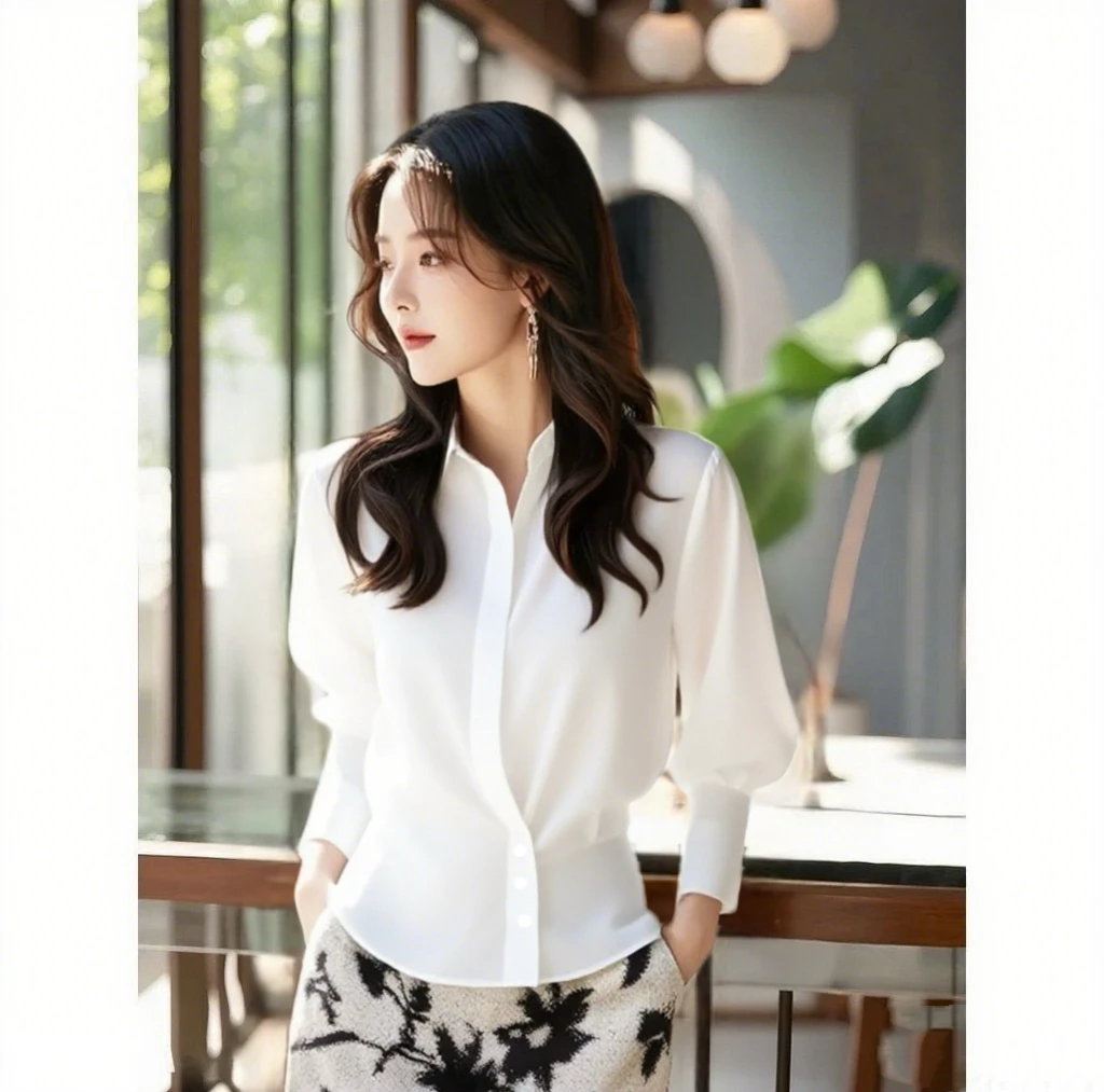 SS3868高级感气质感斜扣佰搭收腰显瘦翻领衬衫长袖白色衬衣棉上衣