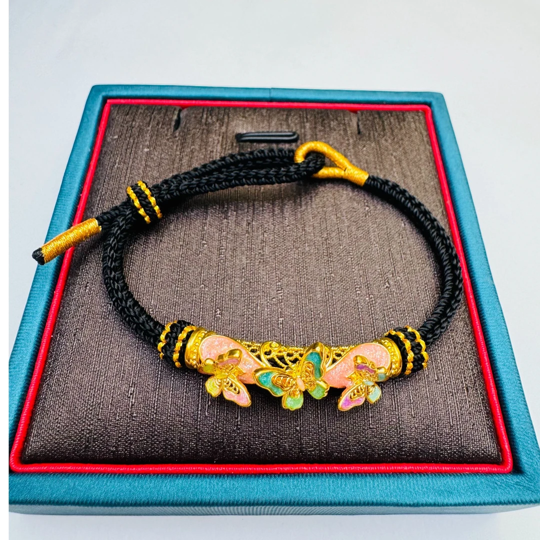 8#足金999 珐琅彩 浮雕蝴蝶 弯管  手工编织