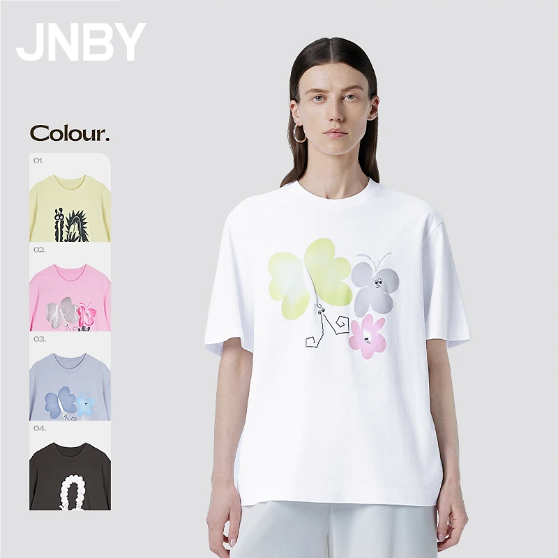JNBY/江南布衣春季女装T恤趣味淑女宽松型棉质印花圆领通勤短袖