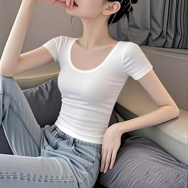 2025新款夏季圆领正肩t恤女白色短袖修身季收腰显瘦纯棉小众上衣