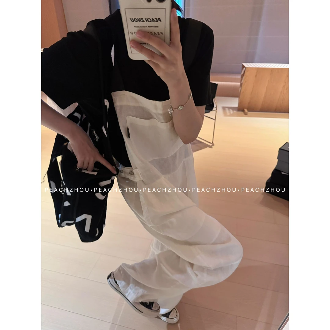 『PEACHZHOU』100亚麻撞色肩带宽松工装背带裤松弛休闲阔腿连体长裤