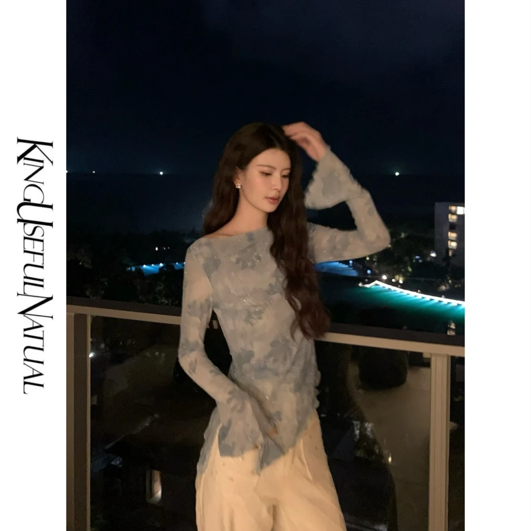 KUN  青花盏  欧若风新中式  印花烫钻一字领衬衫春夏长袖上衣