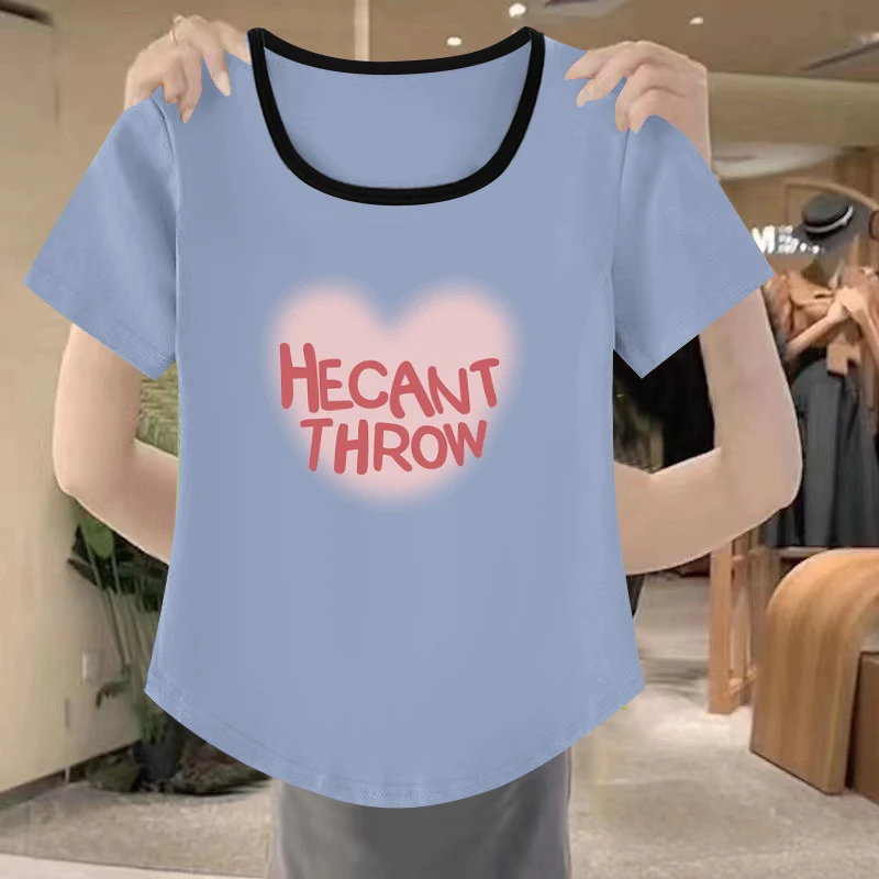 清仓捡漏~方领不规则弧形别致修身显瘦半袖百搭上衣洋气印花T恤衫