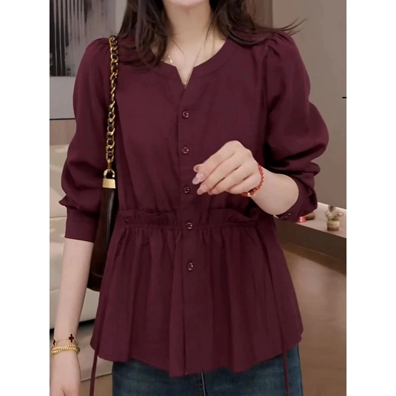 大码女装2025年秋季新款减龄半开领长袖褶皱收腰百搭显瘦衬衫上衣