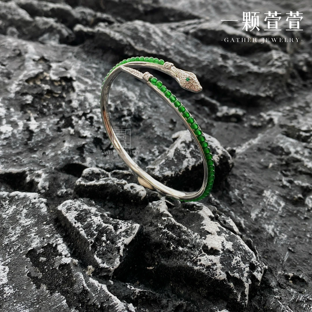 蛇影手镯【一颗萱萱】轻奢气质银镶天然翡翠手镯430025