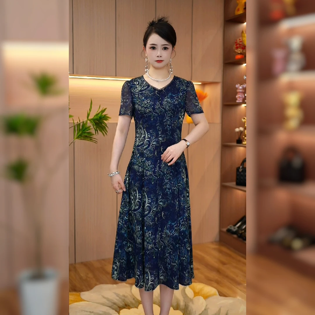 2025夏季新款连衣裙中长裙印花显瘦宽松长裙短袖款洋气时尚