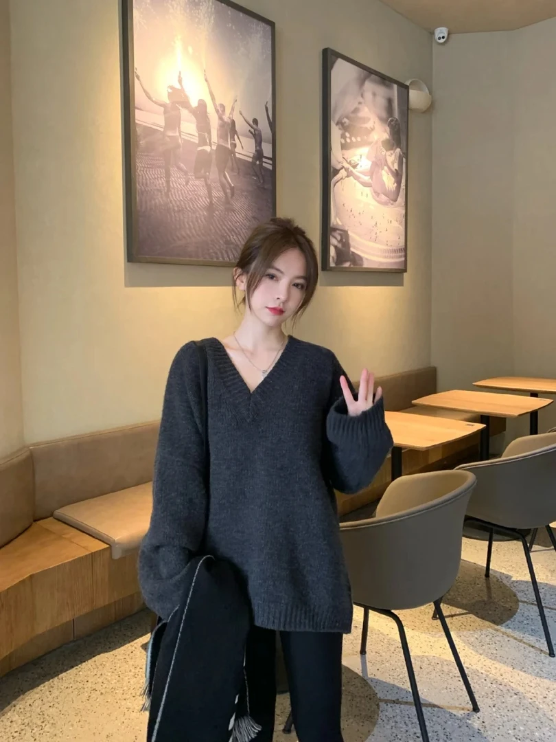 MEIMEI梁美美V领针织套头上衣慵懒风韩版宽松毛衣外套女大码秋冬