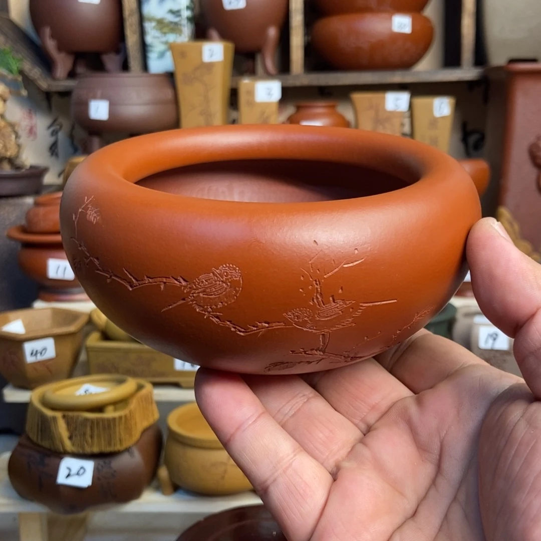 紫砂花盆无孔，无孔，无孔！孙伟手拉胚带刻绘，内口9.5×5