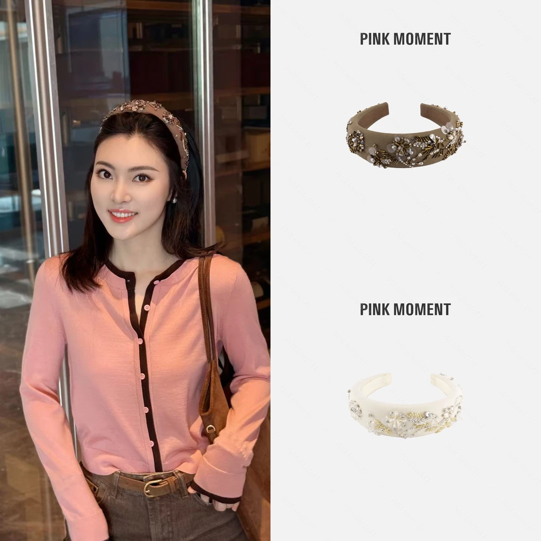 PM王囡囡 米白/咖色高颅顶钉珠复古发箍 ND1C1388