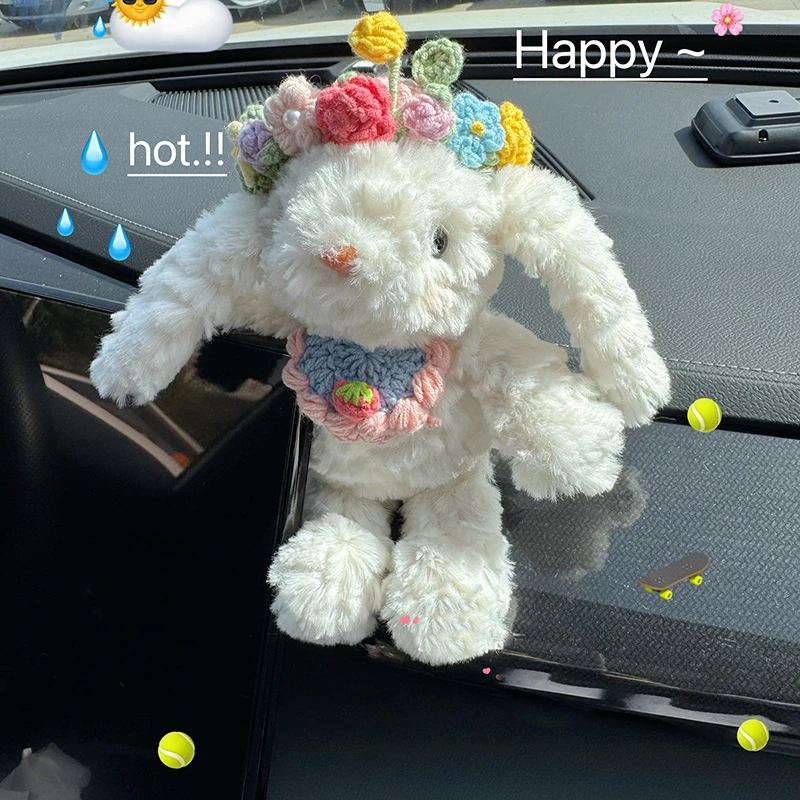 可爱网红汽车摆件簪花垂耳兔车内饰品摆件公仔车载中控屏幕装饰