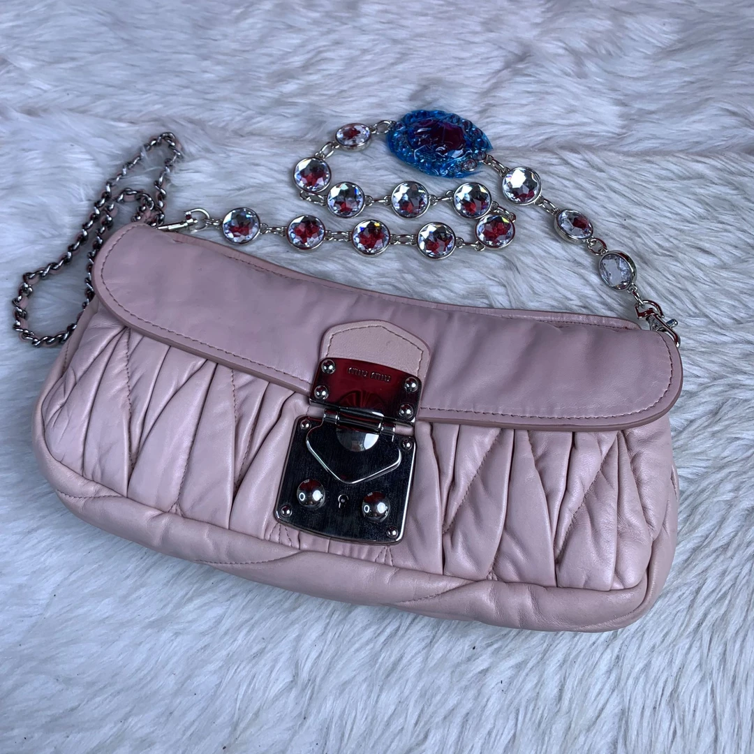 95新 MIU MIU/缪缪 灰粉色褶皱包/WJ09810059/0059