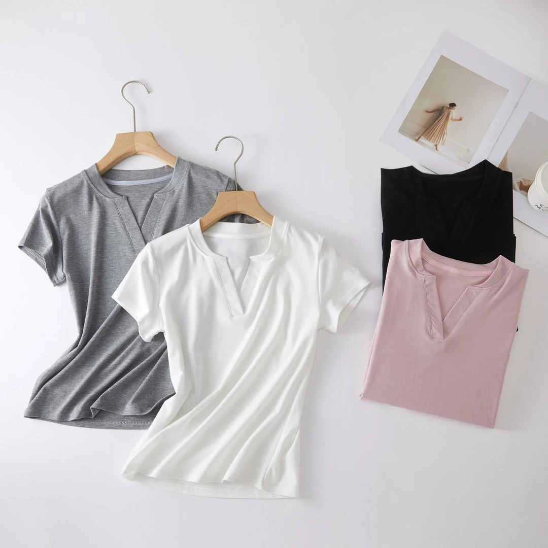 2576莱赛尔天丝+破尿酸V领短袖T恤修身显瘦上衣