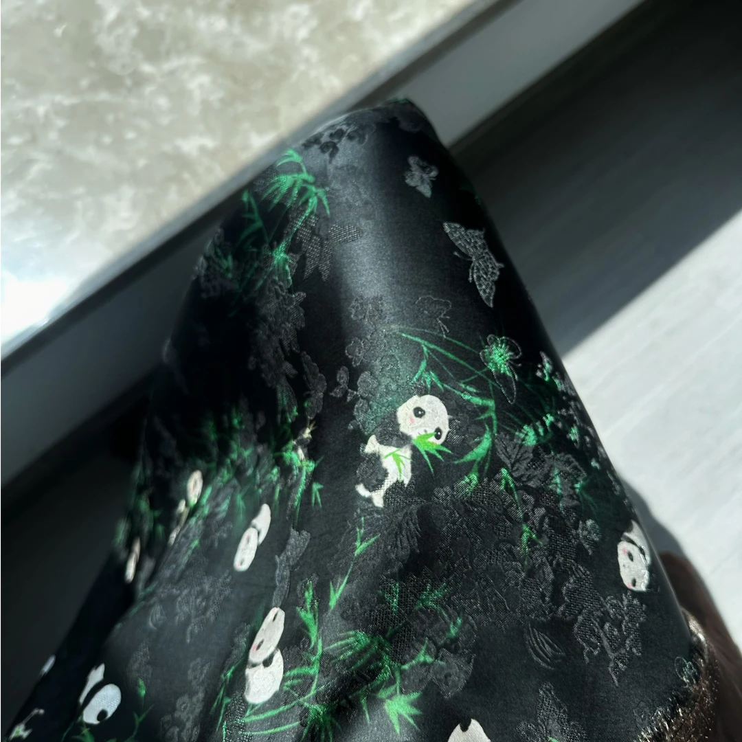 【熊猫抱竹】布头时装面料花萝香云纱提花绢纺莨纱重磅顺德莨绸