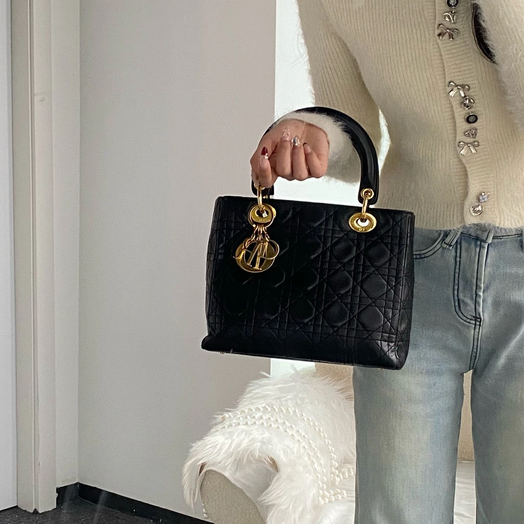 95新 DIOR/迪奥 dior黑金五格戴妃手提斜挎包