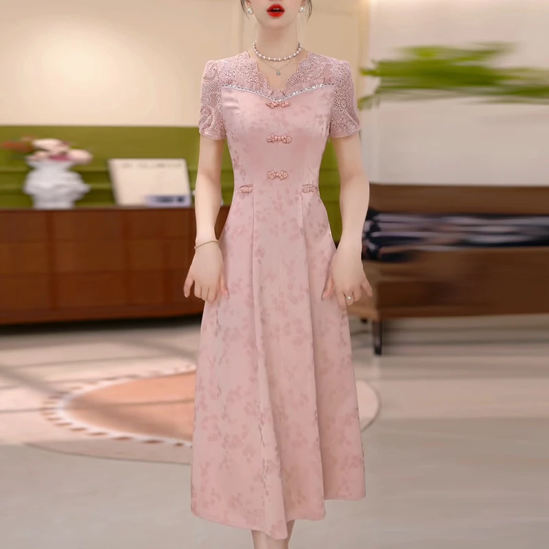 刺绣印花复古改良旗袍连衣裙2025夏季新款气质显瘦遮肉中长款裙子
