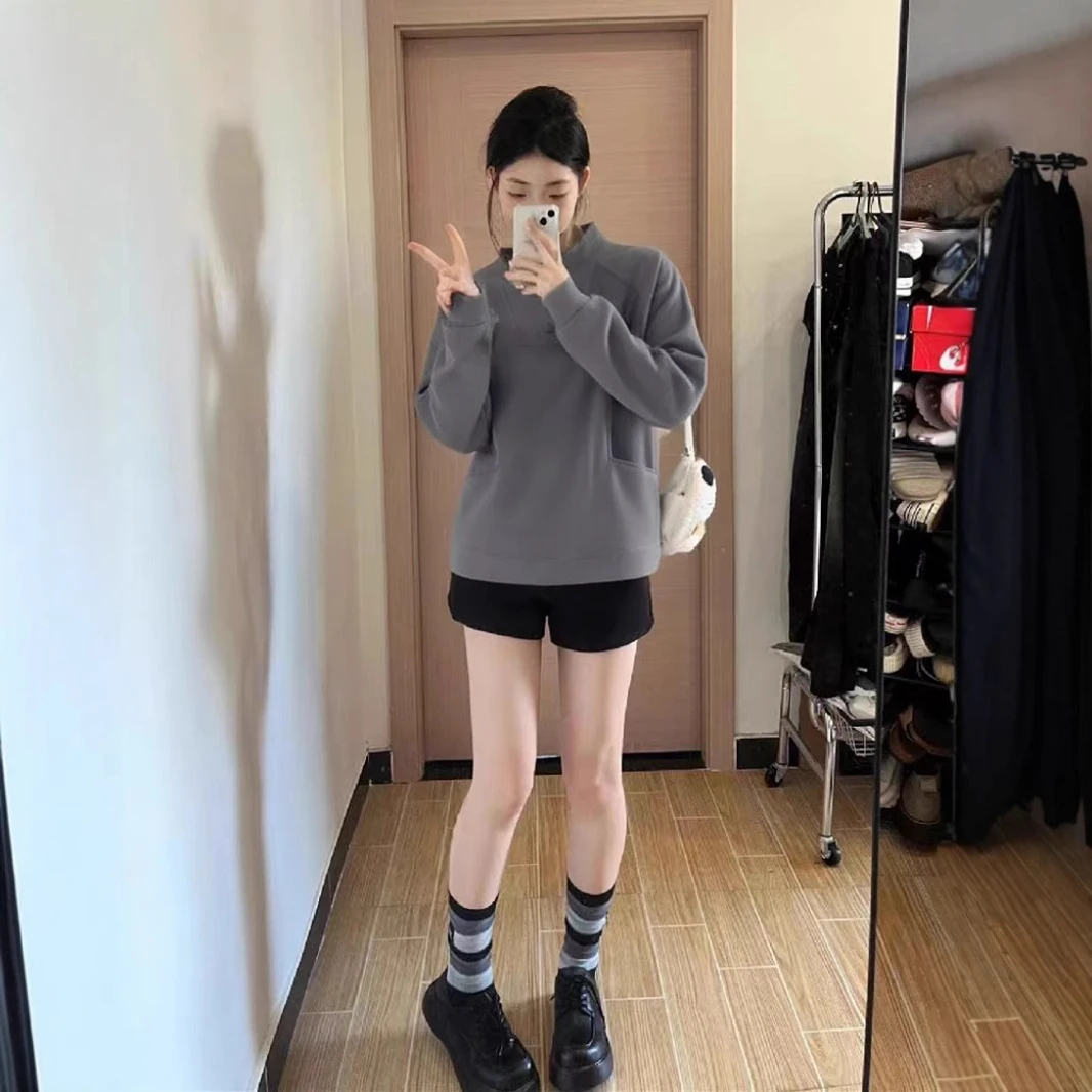 秋冬套头新款半高领休闲慕丝绒简约时尚宽松百搭纯色卫衣女上衣宽