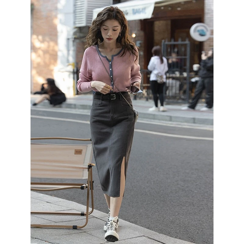 2025春夏新款韩系穿搭高级感针织开衫上衣搭配牛仔裙显瘦两件套女