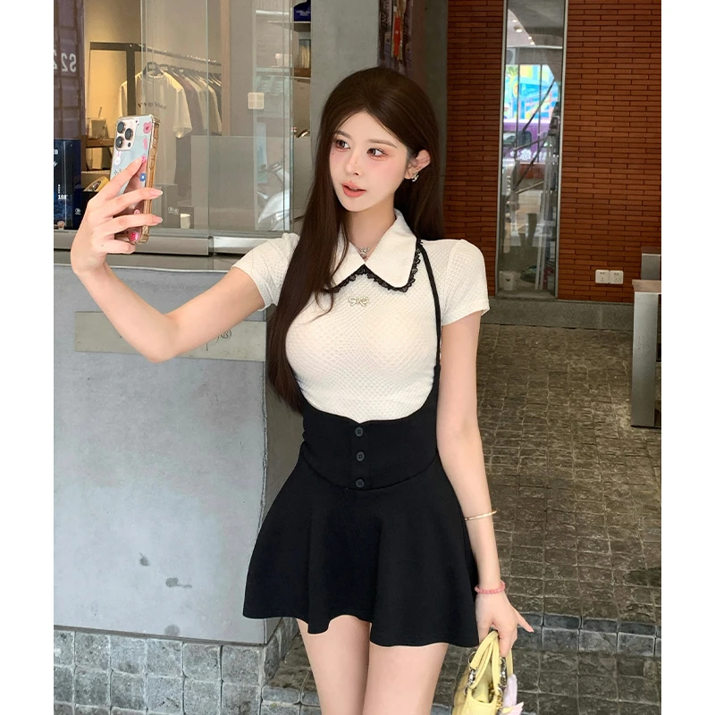 中古甜心 柔软薄款小衫短袖娃娃领修身收腰T恤