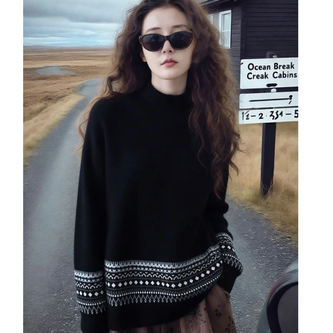法式复古半高领提花软糯保暖毛衣女秋冬黑色时髦宽松高级感针织衫