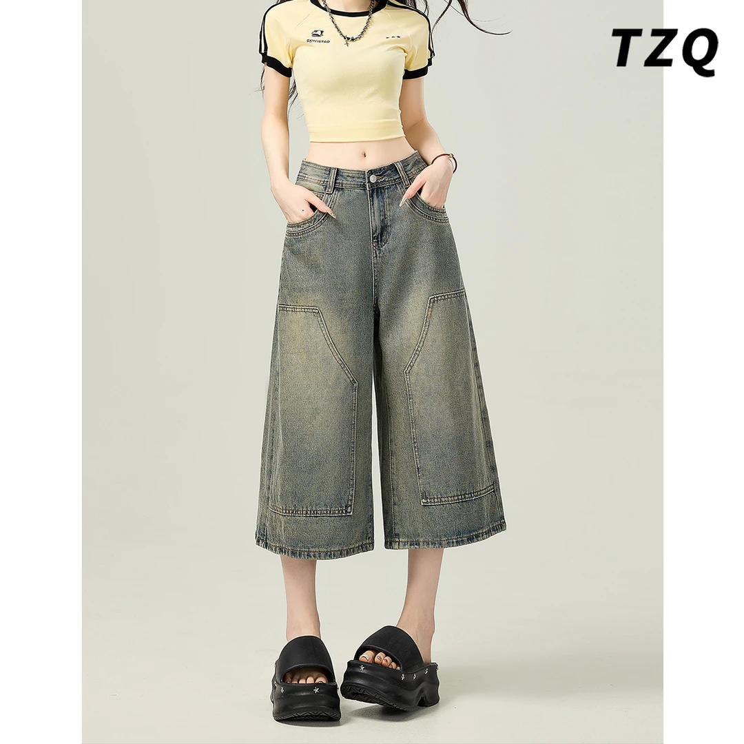 美式水洗做旧牛仔七分短裤女夏季新款宽松阔腿直筒裤子TZQ2550941