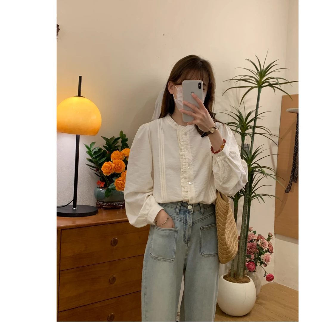 春款法式减龄木耳边衬衫女长袖宽松休闲衬衣上衣240