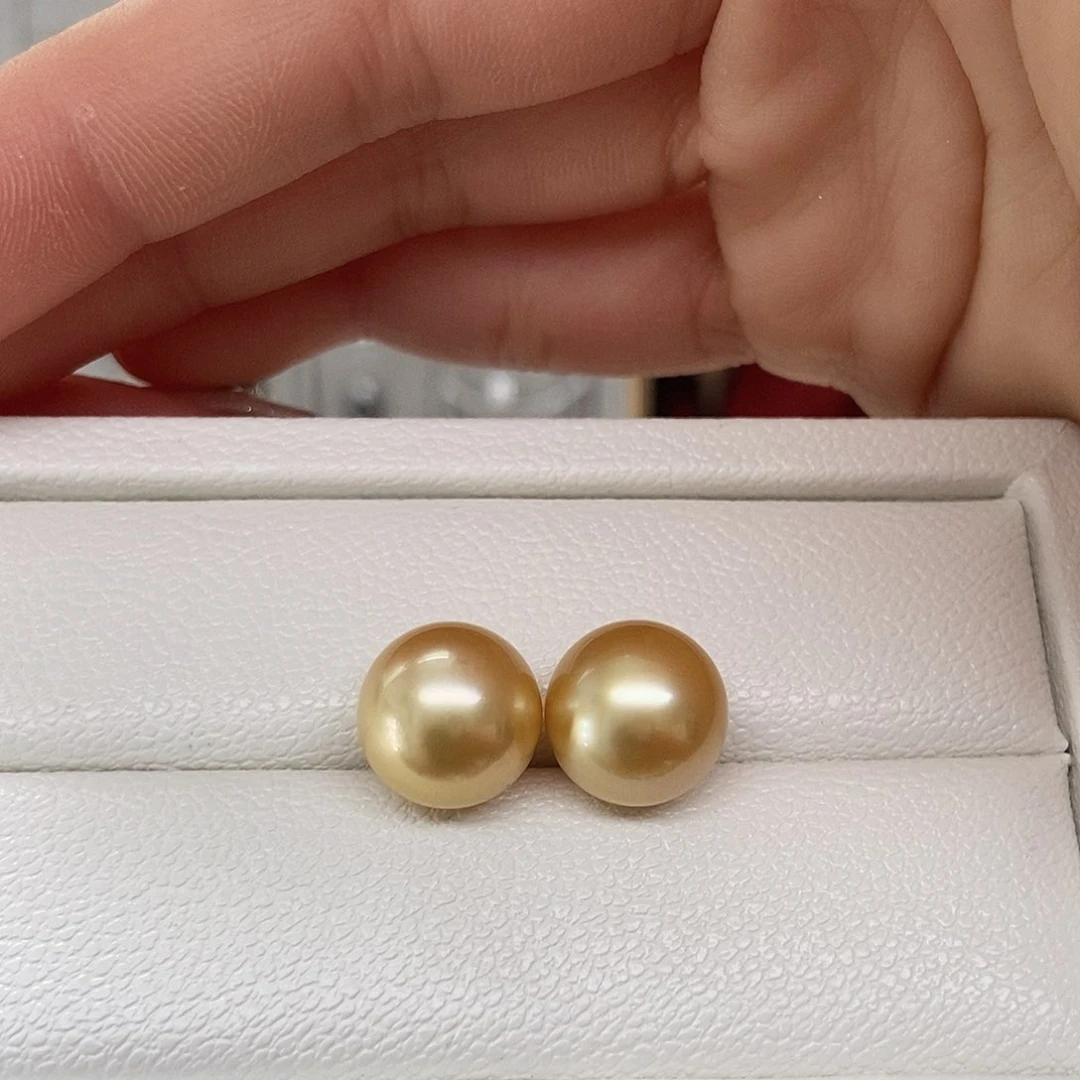海水珍珠耳饰18K金镶嵌南洋金珠素钉18k