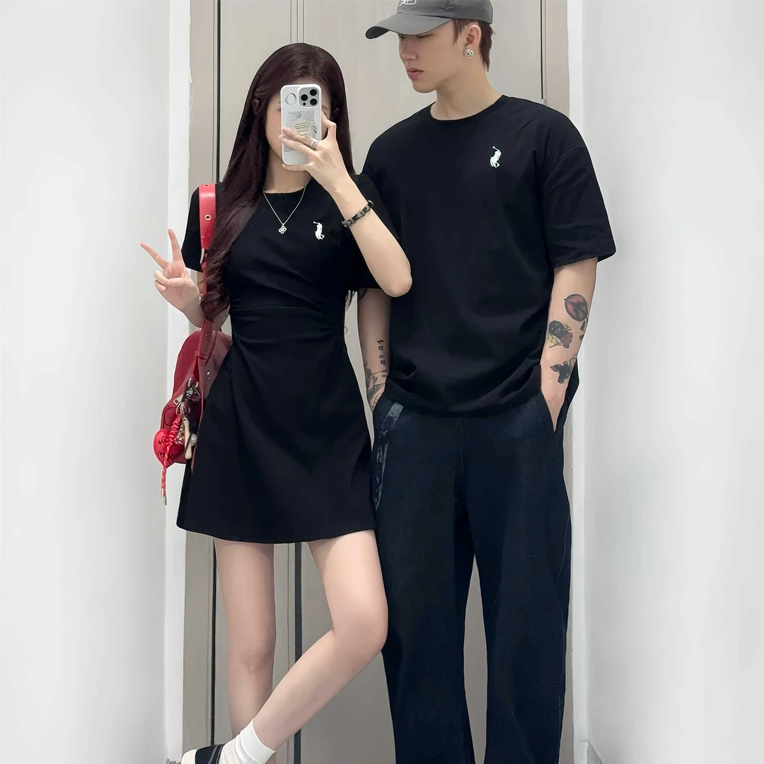 美式短袖T恤连衣裙女2025夏季新款收腰显瘦小黑裙情侣装一衣一裙
