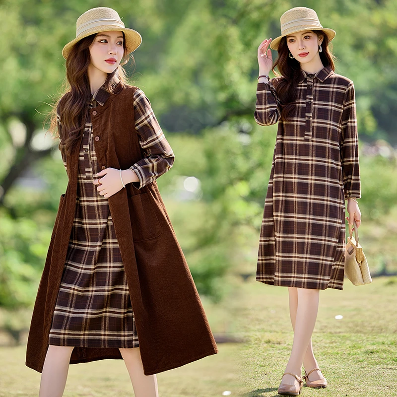 时尚套装裙两件套2025春秋新款韩版宽松格子衬衫裙灯芯绒背心裙子