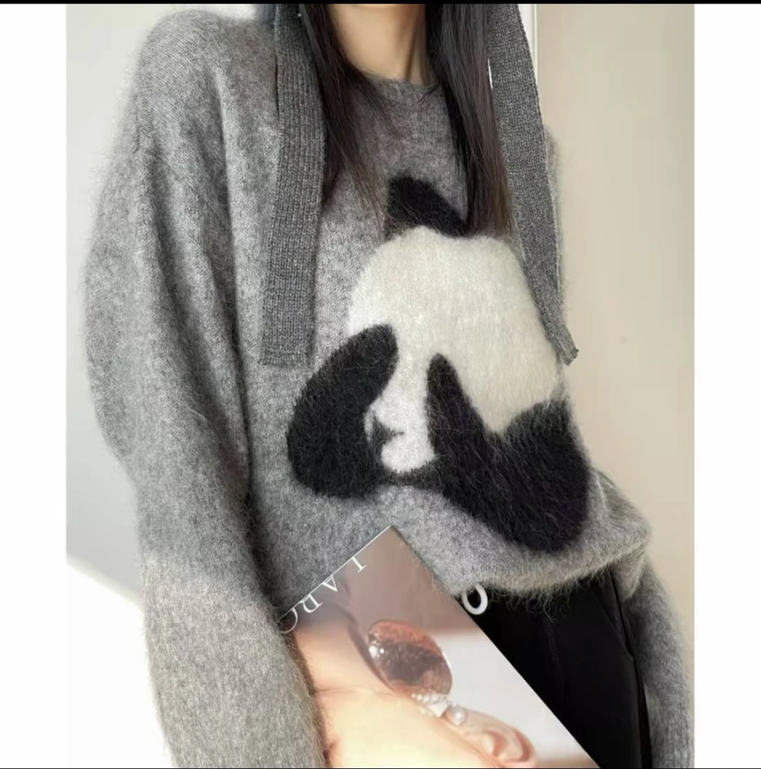 熊猫情侣装提花2025秋冬新款时尚百搭圆领针织衫宽松套头毛衣女
