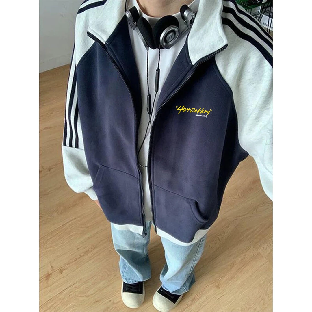 美式潮牌个性字母印花拼接三条杠卫衣男女秋冬季宽松立领拉链外套