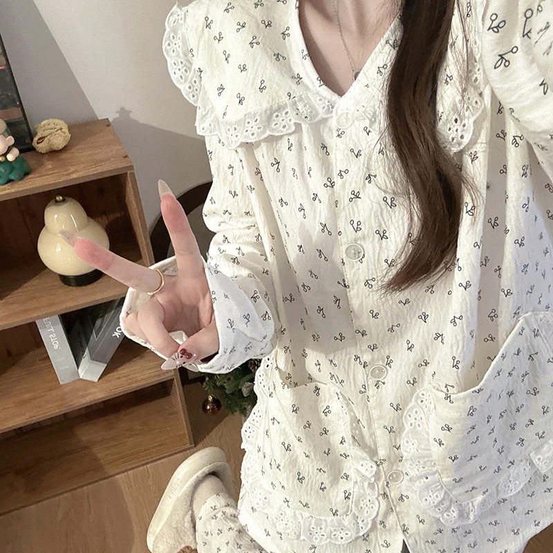 娃娃领樱桃甜美ins睡衣女长袖长裤开衫春秋日系韩版家居服两件套