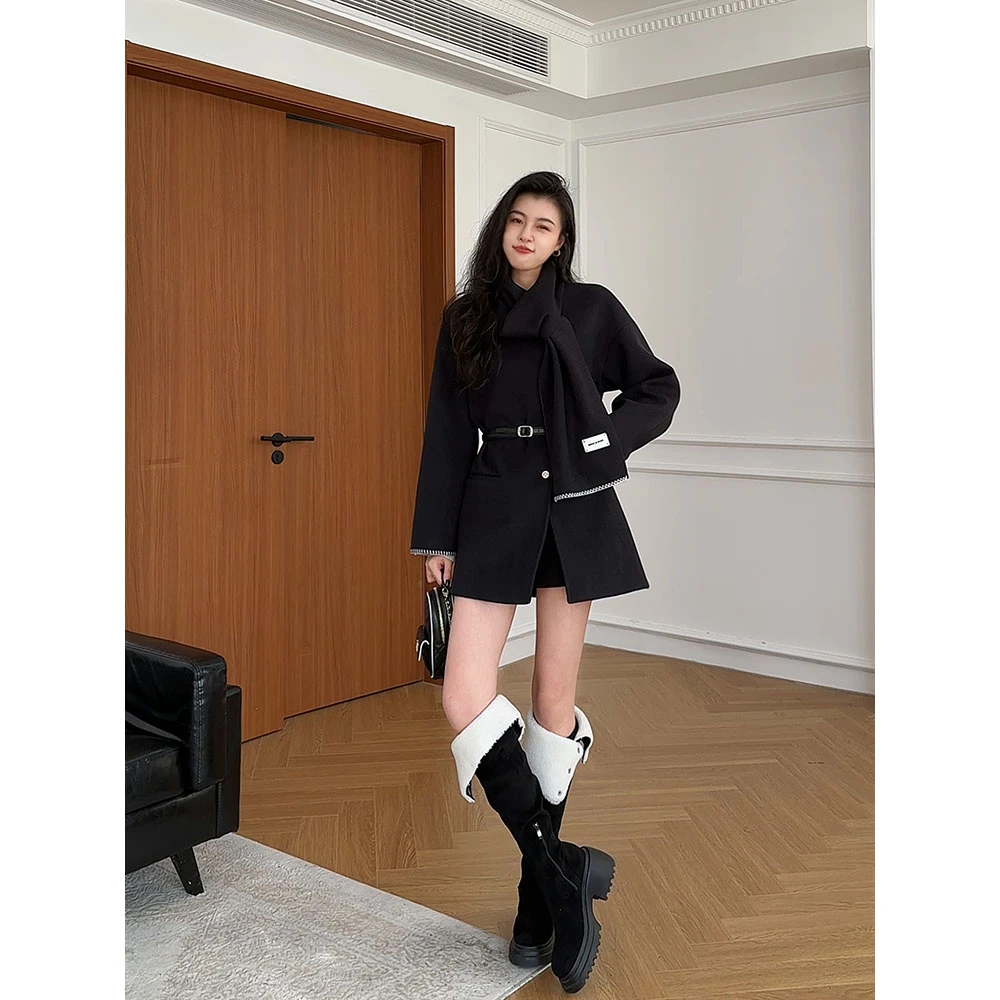 张阿星【柏林故事】高智松弛气质拼色收腰围巾大衣