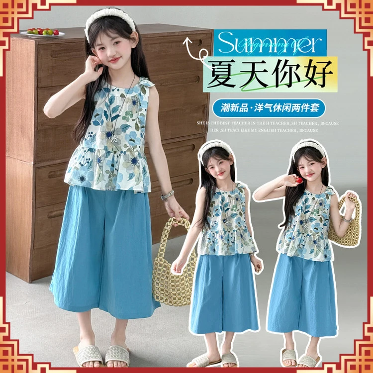 女童夏季网红蝴蝶结印花短袖大童中学生夏装薄款速干运动裤洋气潮