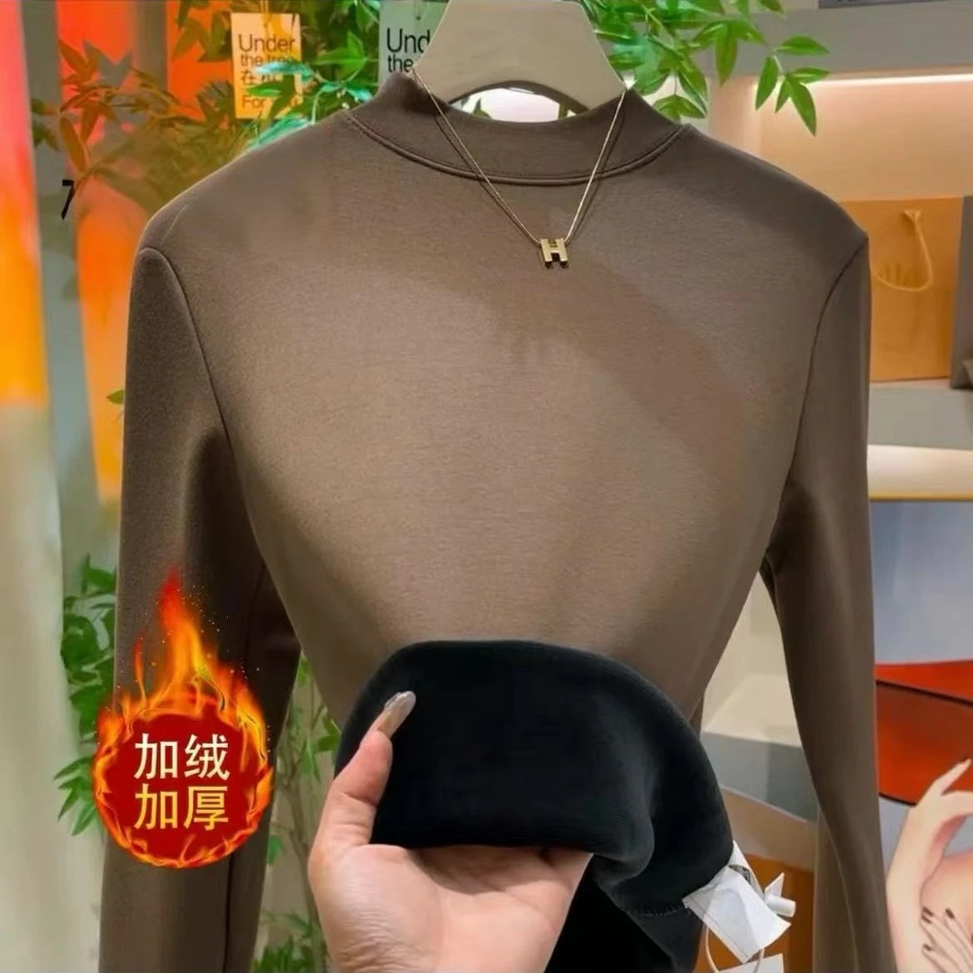 秋冬2025立领女士新款保暖长袖加绒韩版上衣显瘦时尚百搭打底衫