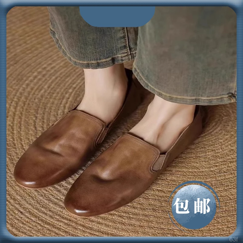 巨软~真皮圆头一脚蹬软底鞋女2025秋爆款复古平底鞋百搭单鞋皮鞋
