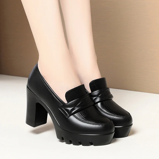 妈妈鞋深口皮鞋久站不累高跟鞋防水台厚底粗跟乐福鞋旗袍走秀女鞋