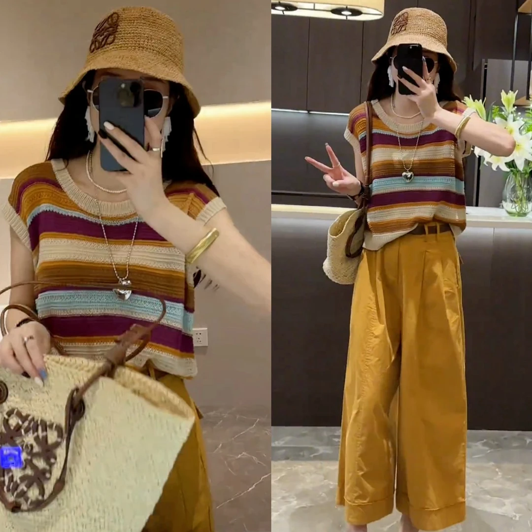 减龄搭配一整套夏装条纹针织背心撞色显瘦小个子显高时尚上衣