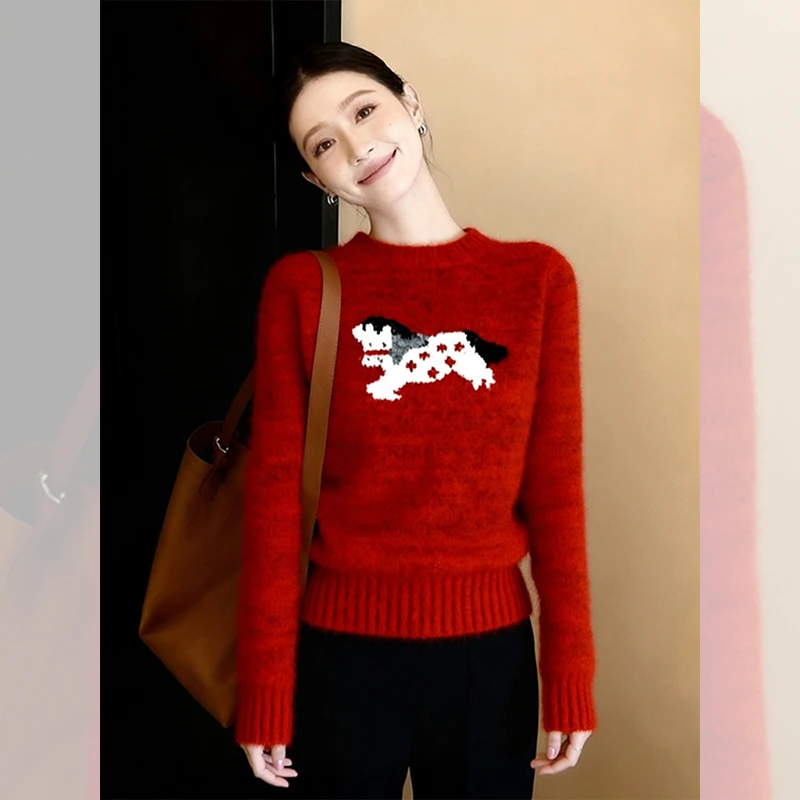 别致独特漂亮提花内搭小衫红色毛衣女装秋冬洋气高贵针织衫上衣服