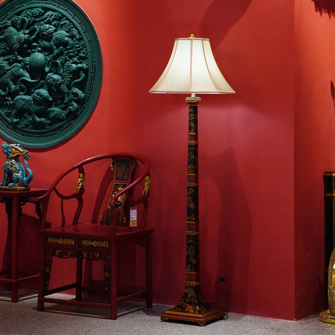 【本尼家】YS163法式中国风发丝黑底绘山水图案落地灯装饰摆件