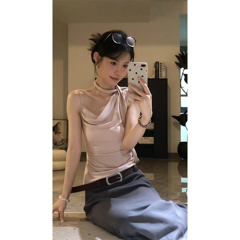 小众女装夏季荡领不对称飘带背心上衣半身裙简约休闲百搭显瘦长裙